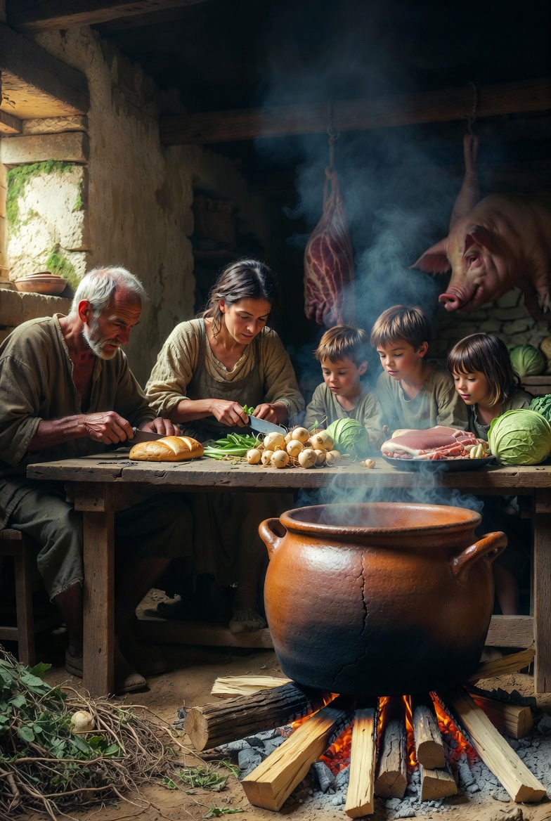 Escena hist&oacute;rica del origen medieval de la escudella en una cocina payesa catalana