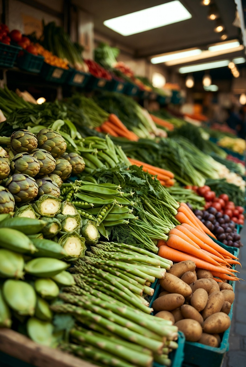 Ingredientes frescos de la huerta para una aut&eacute;ntica menestra riojana en un mercado tradicional