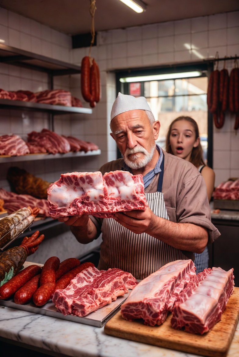 Carnicero experto muestra una cola de buey para rabo de toro en una carnicer&iacute;a tradicional espa&ntilde;ola