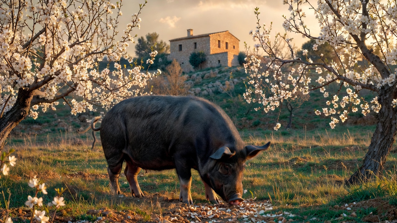 Cerdo negro mallorqu&iacute;n, raza aut&oacute;ctona para la aut&eacute;ntica Sobrasada de Mallorca, en su h&aacute;bitat natural.