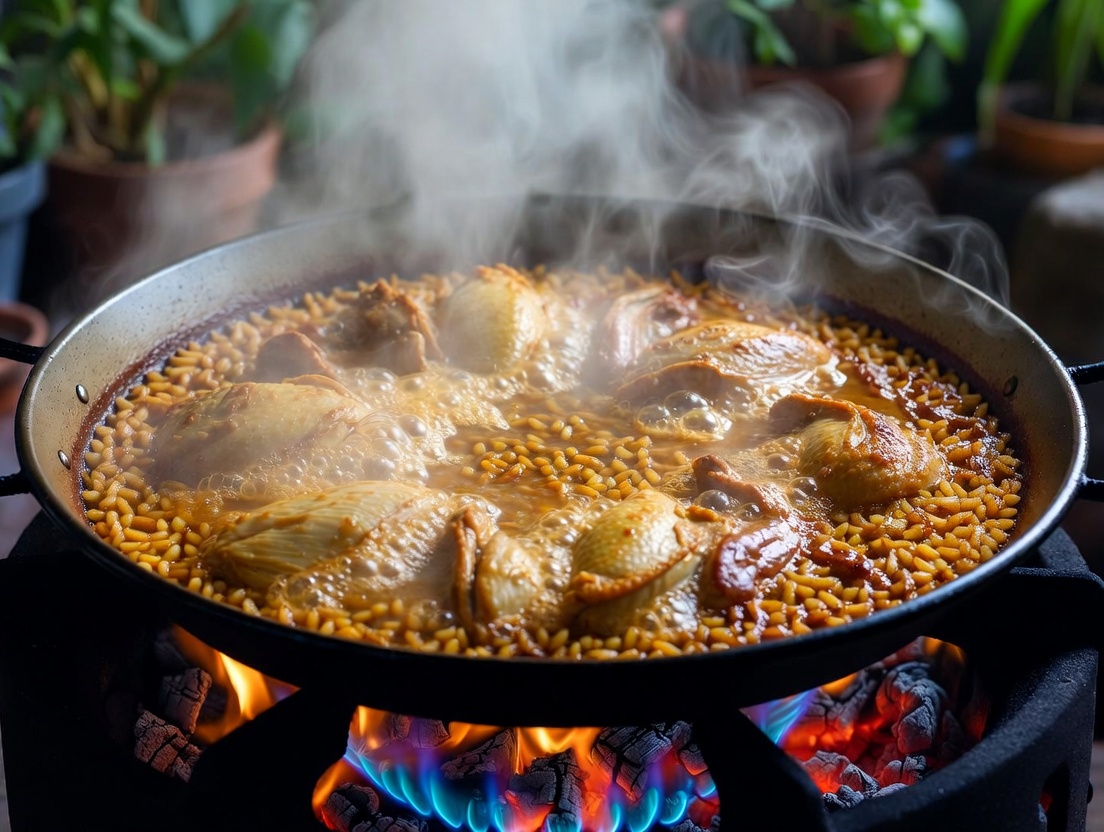 Paella de alcachofas y pollo cociendo a fuego vivo en paellera tradicional.