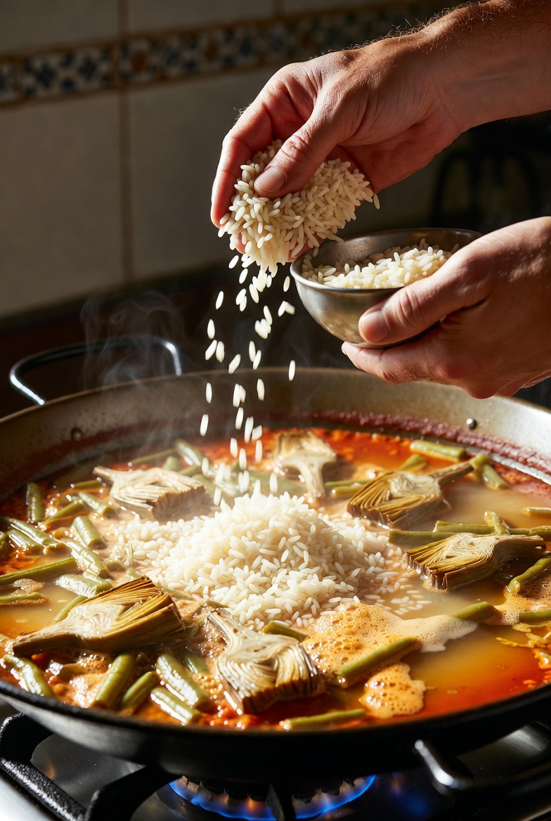 Vista a&eacute;rea del momento de a&ntilde;adir el arroz a la paella de habas y alcachofas.