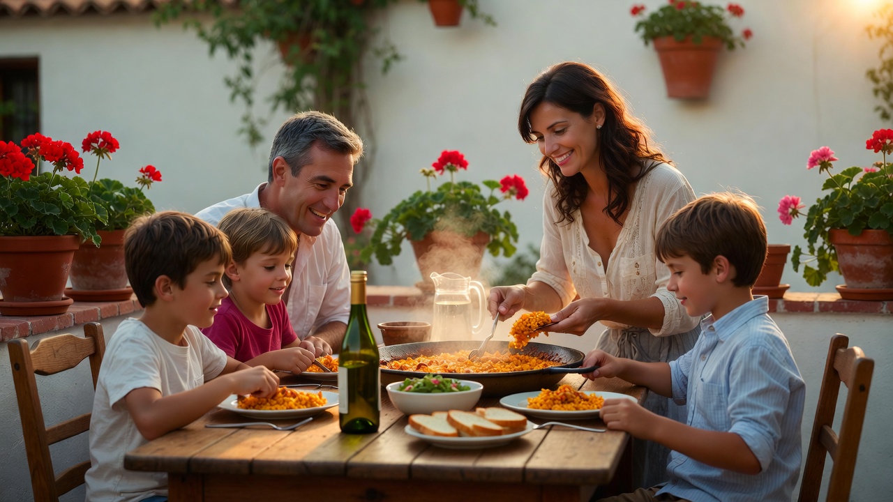 Familia disfrutando de una paella de habas y alcachofas en una terraza al atardecer.