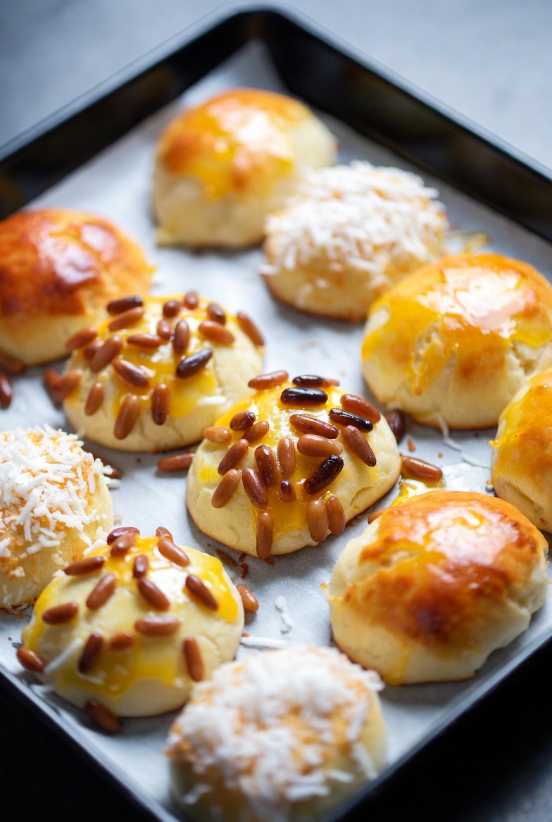 Variedad de panellets catalanes reci&eacute;n horneados: de pi&ntilde;ones, coco y yema, dorados perfectamente.