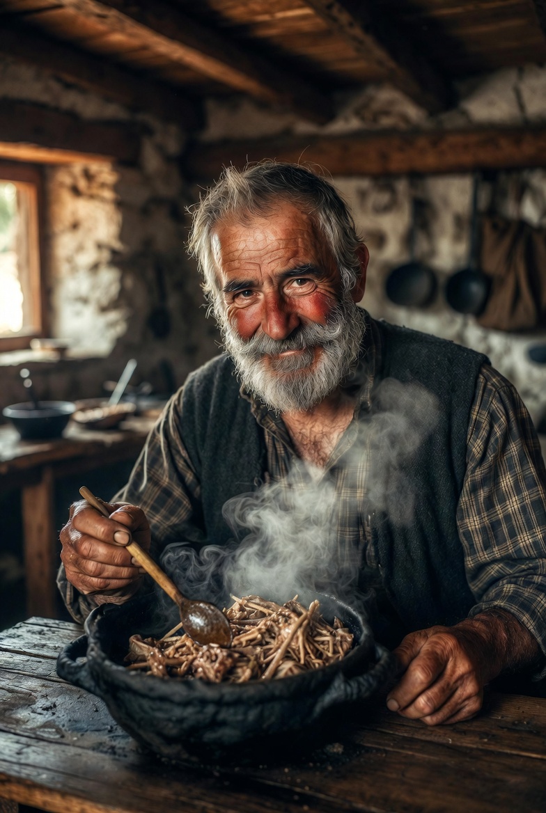 Pastor aragon&eacute;s sonriendo mientras huele un guiso tradicional de cordero al chilindr&oacute;n reci&eacute;n hecho en cazuela de barro