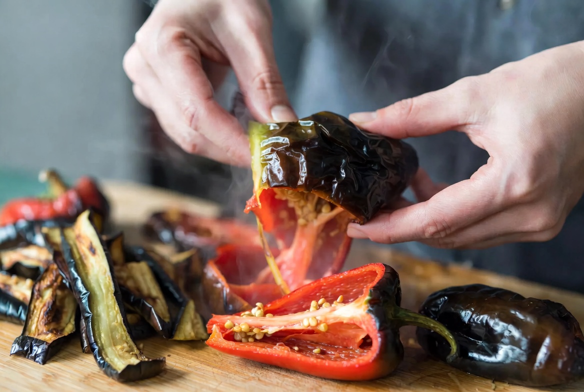 Pelando y deshebrando verduras asadas para preparar escalivada catalana.