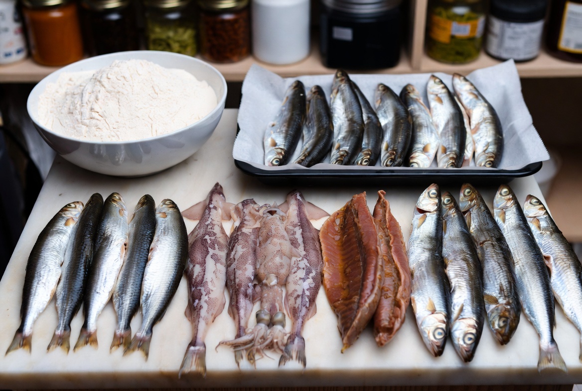 Variedad de pescados frescos listos para enharinar y fre&iacute;r en la receta de pesca&iacute;to frito.