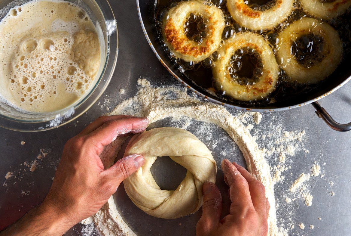 Formando y friendo anillos de masa de picarones en aceite caliente