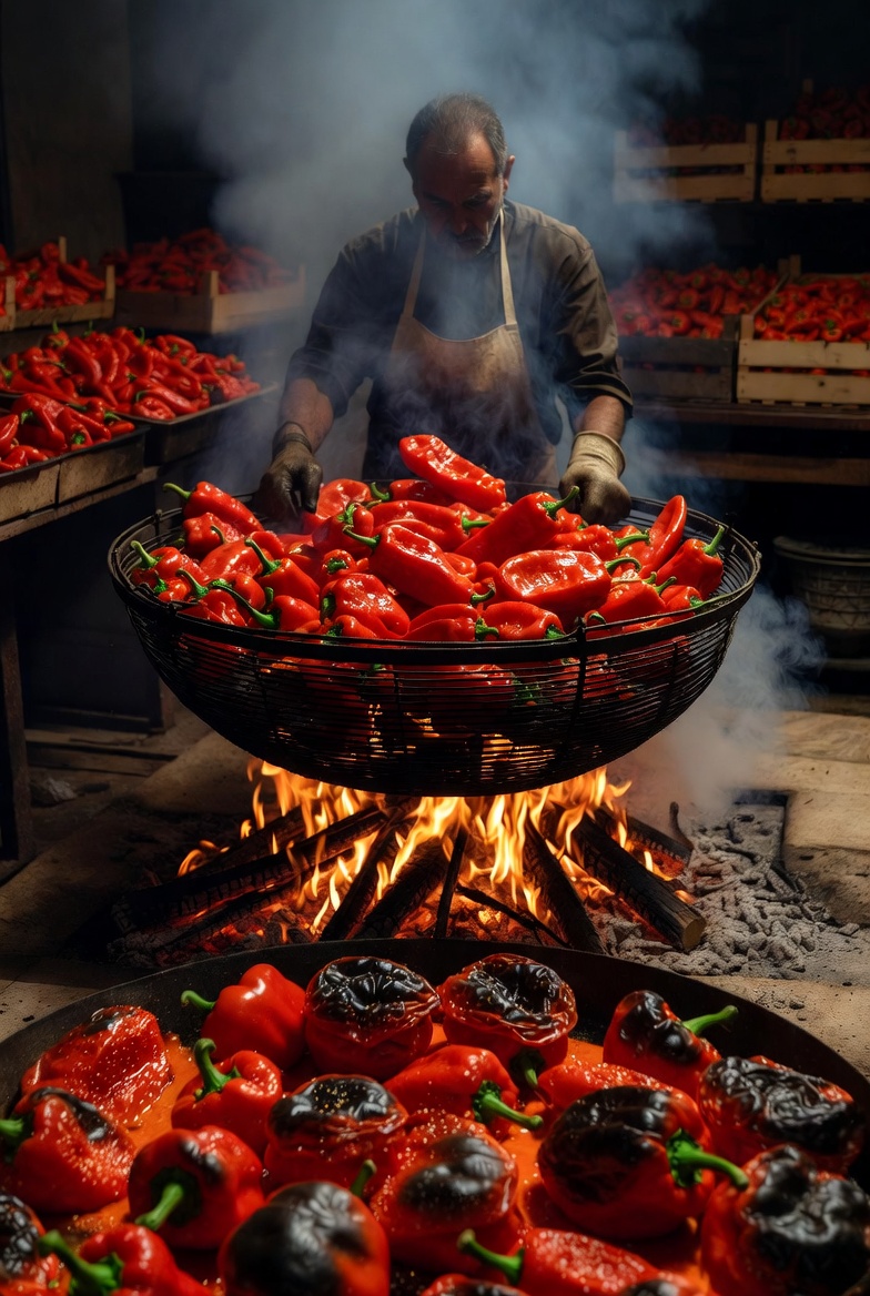 Asado artesanal tradicional de pimientos del piquillo sobre llama de sarmiento en Lodosa, Navarra