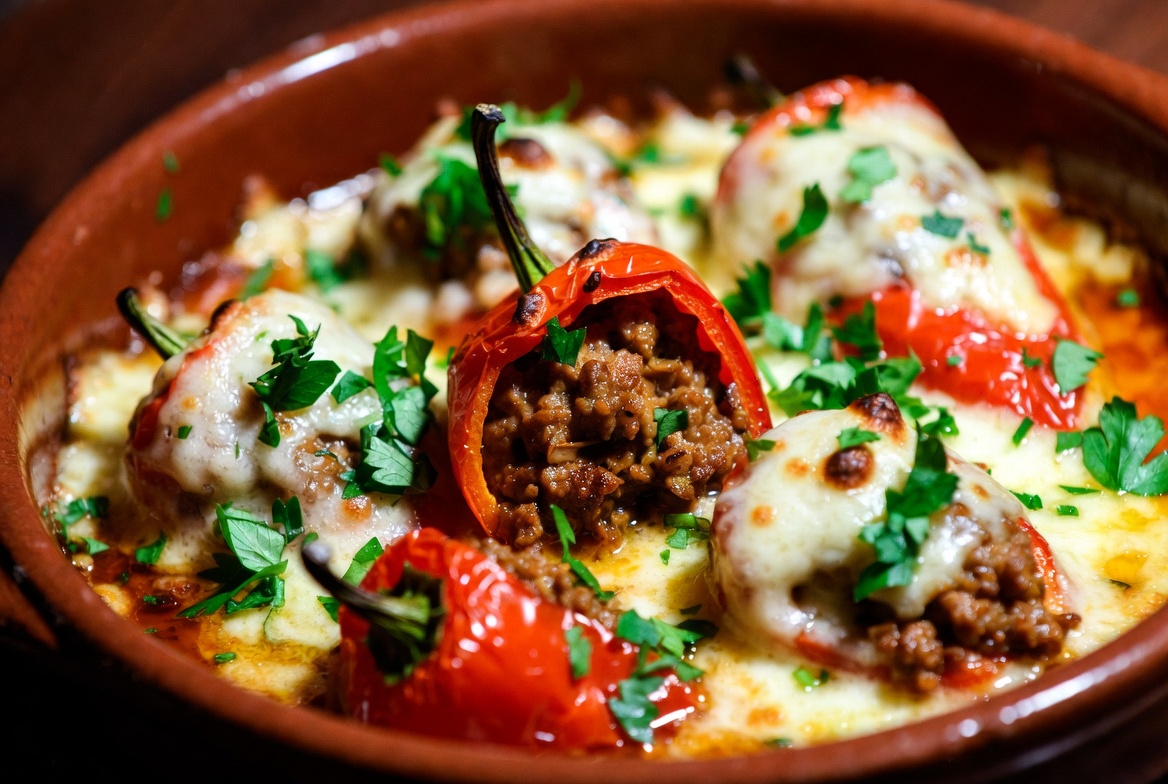 Pimientos del piquillo rellenos de carne, gratinados y servidos en fuente de barro.