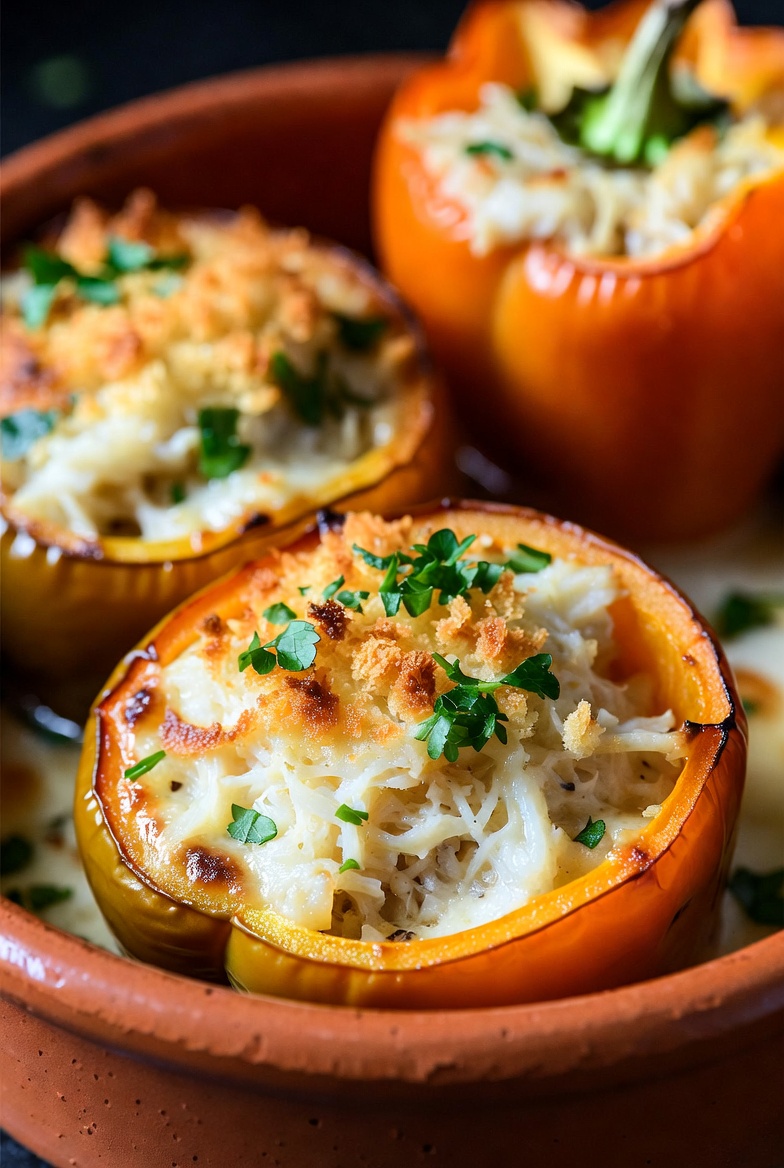 Pimientos rellenos de bacalao reci&eacute;n horneados y gratinados, listos para servir