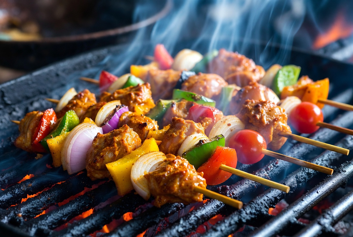 Brochetas de pollo al curry crudas listas para la parrilla o barbacoa.