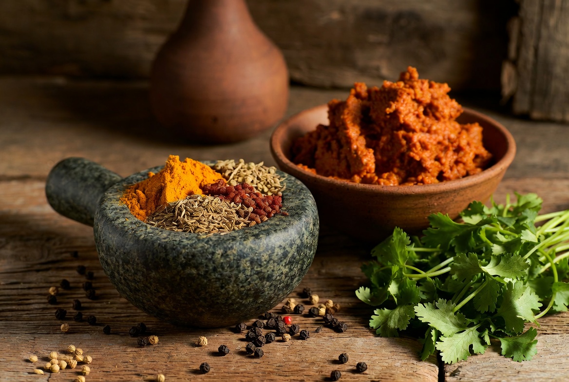Mezcla de especias de curry y hierbas frescas para preparar aut&eacute;nticos pinchitos de pollo al curry