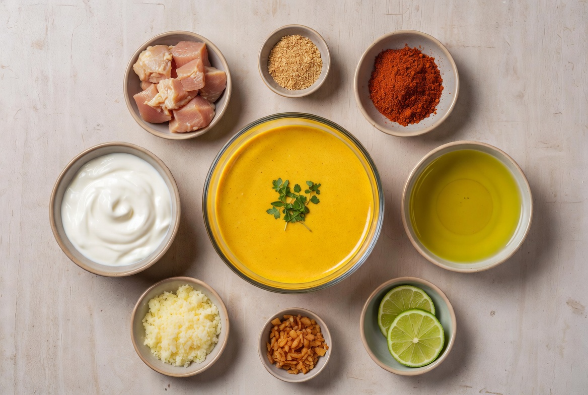 Ingredientes frescos y especias para la marinada de pinchitos de pollo al curry caseros.