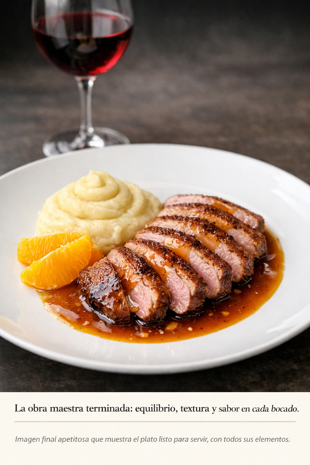 Plato terminado de pato a la naranja cl&aacute;sico, presentaci&oacute;n elegante.