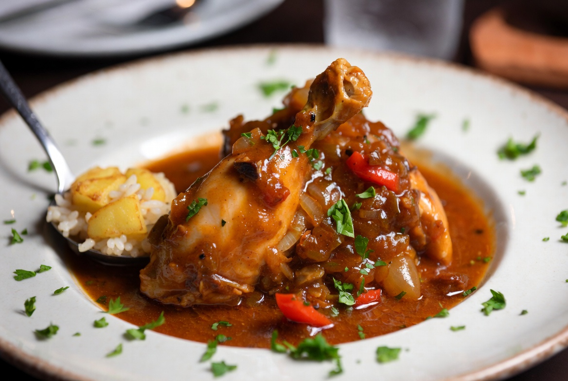 Pollo al Chilindr&oacute;n servido en plato con salsa espesa y acompa&ntilde;amiento.