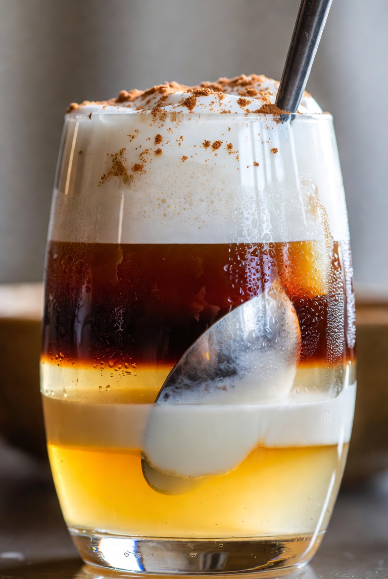 Capas perfectamente definidas de un Barraquito canario reci&eacute;n preparado en vaso transparente.