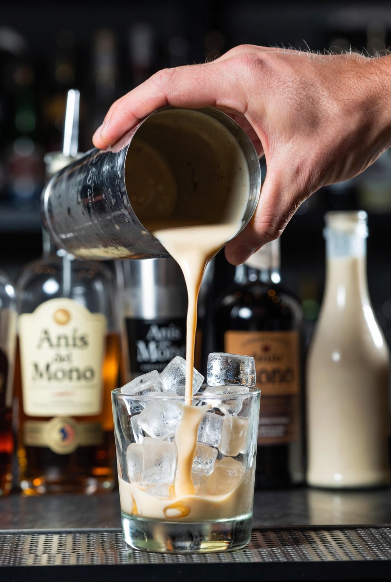 Preparando el c&oacute;ctel Suspiro de Mono con An&iacute;s del Mono, licor de caf&eacute; y nata