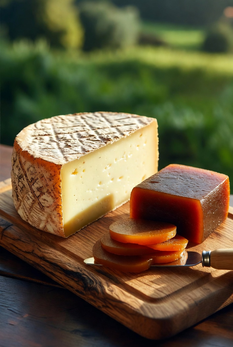 Queso Idiaz&aacute;bal y bloque de membrillo presentados en una tabla de madera r&uacute;stica.