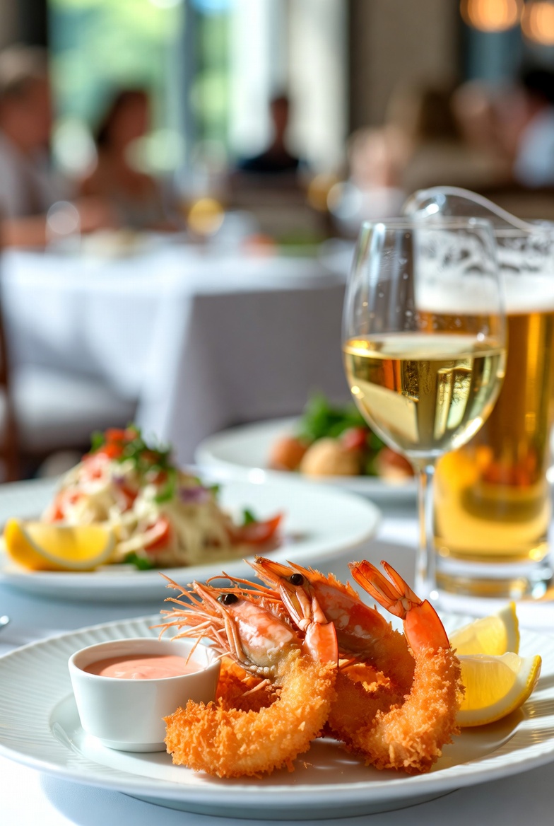 Presentaci&oacute;n y maridaje perfecto para gambas rebozadas con salsa rosa en la mesa.
