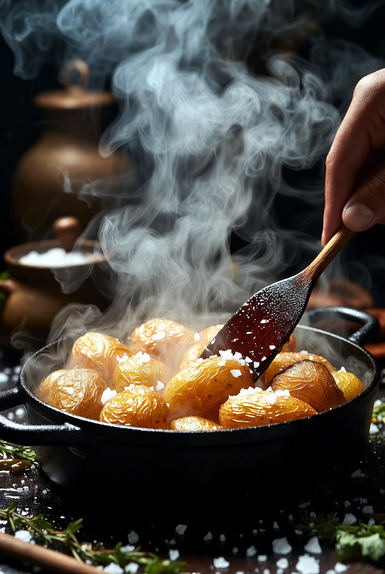 Papas arrugadas canarias en cazuela, con costra de sal, siendo volteadas y soltando vapor.