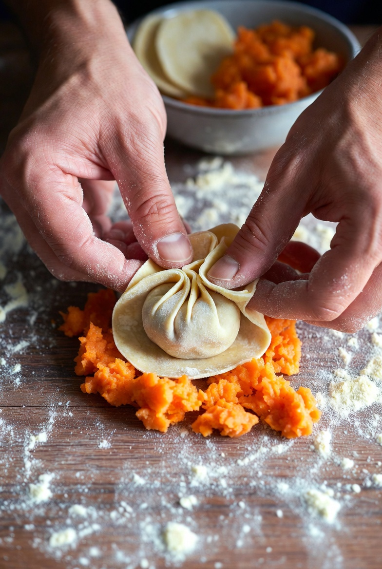 Manos formando y sellando truchas de batata y almendra, mostrando la t&eacute;cnica tradicional.