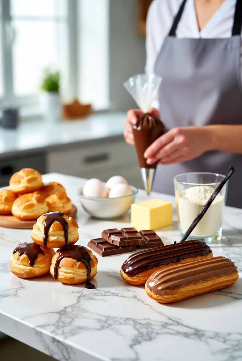 Comparaci&oacute;n visual entre profiteroles y &eacute;clairs, con sus ingredientes clave al lado.