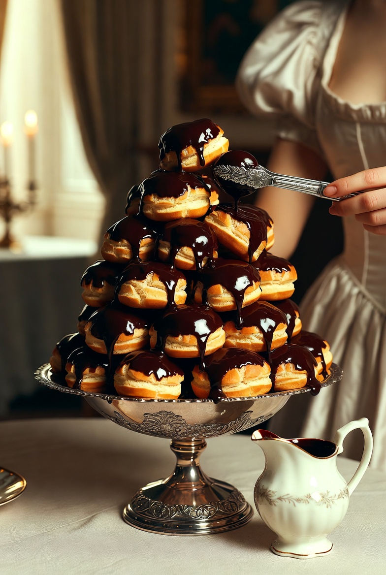 Profiteroles cl&aacute;sicos apilados en torre ba&ntilde;ados en salsa de chocolate, en una mesa de banquete elegante.