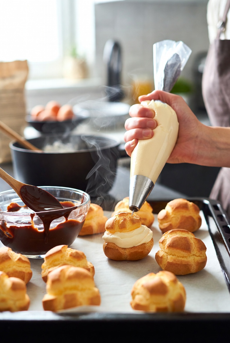Profiteroles horneados siendo rellenados de crema en una cocina, con salsa de chocolate al lado.