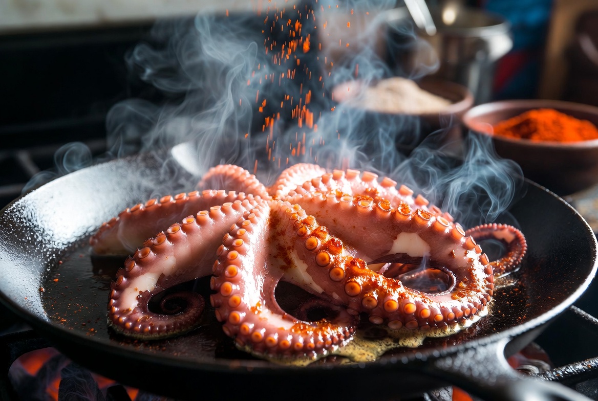 Tent&aacute;culos de pulpo dor&aacute;ndose a fuego vivo en una plancha, espolvoreados con piment&oacute;n.