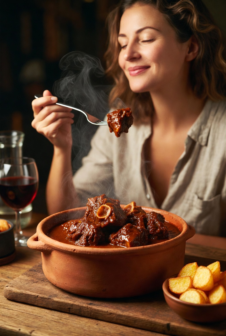 Rabo de toro tradicional servido en cazuela de barro con patatas fritas, listo para ser disfrutado