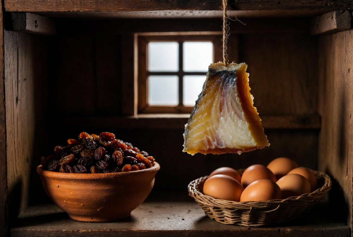 Despensa tradicional con bacalao en salaz&oacute;n, pasas y huevos, ingredientes del revuelto cl&aacute;sico espa&ntilde;ol