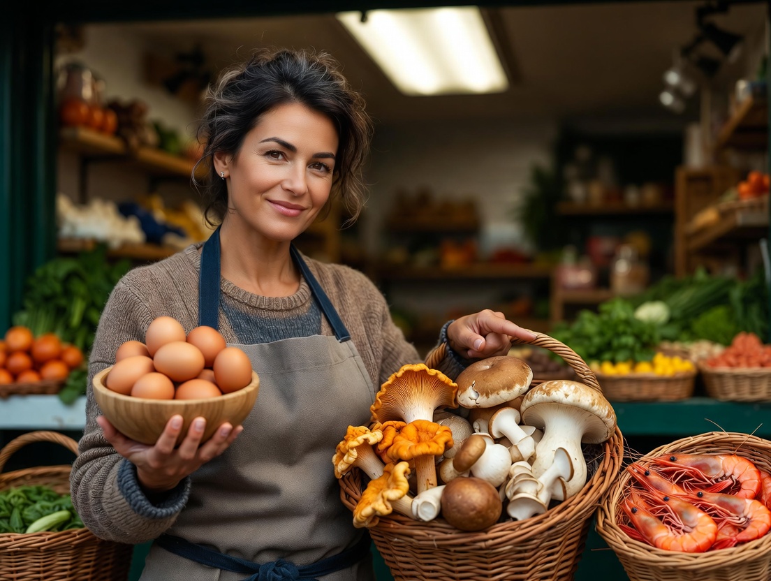 Ingredientes frescos para revuelto: huevos, setas de oto&ntilde;o y gambas en un mercado.
