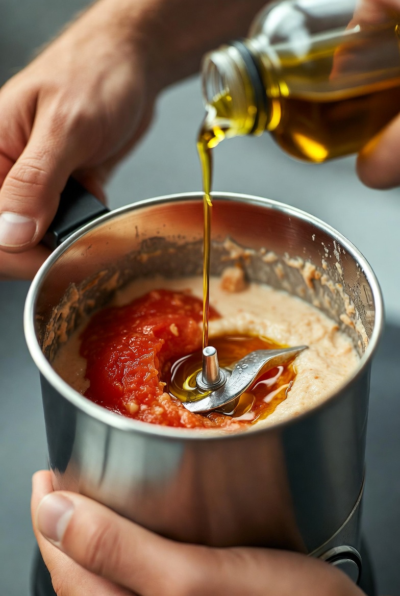 A&ntilde;adiendo aceite de oliva en hilo fino a la batidora para emulsionar el salmorejo.