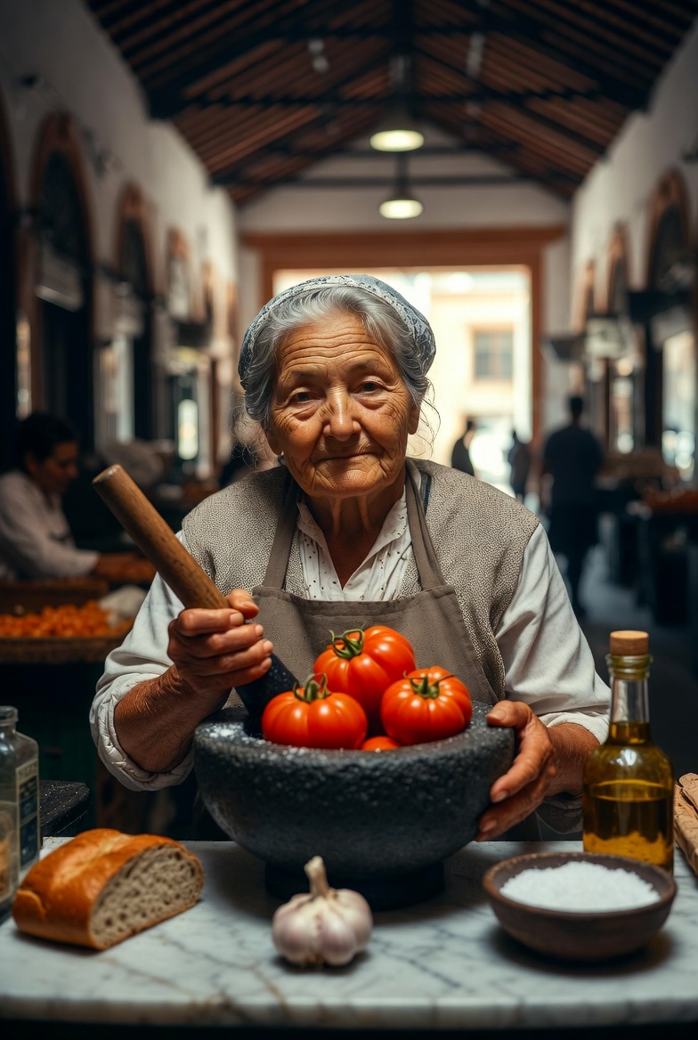 Mujer preparando salmorejo cordob&eacute;s tradicional en mortero de piedra en un mercado