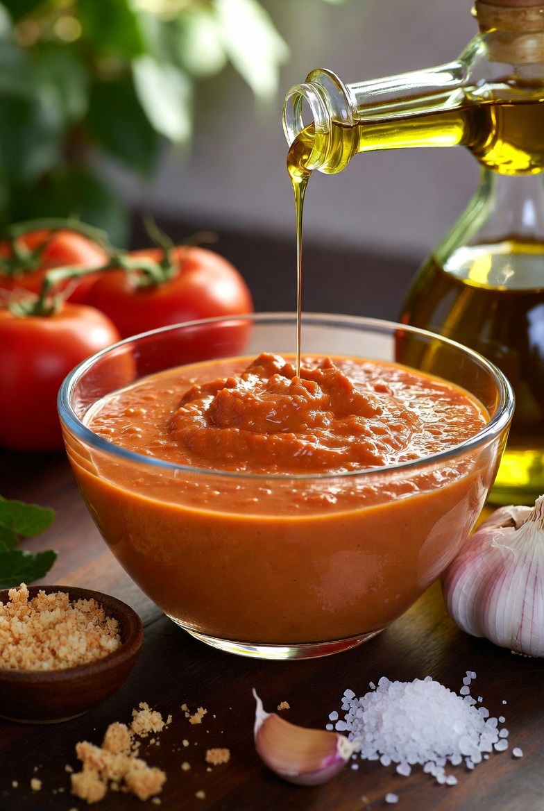 Ingredientes frescos y salmorejo cordob&eacute;s cremoso, mostrando la emulsi&oacute;n perfecta