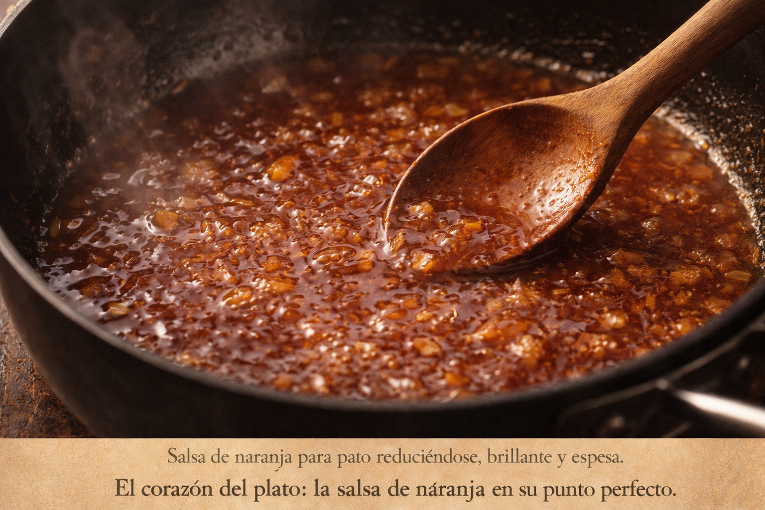 Salsa de naranja para pato reduci&eacute;ndose, brillante y espesa.