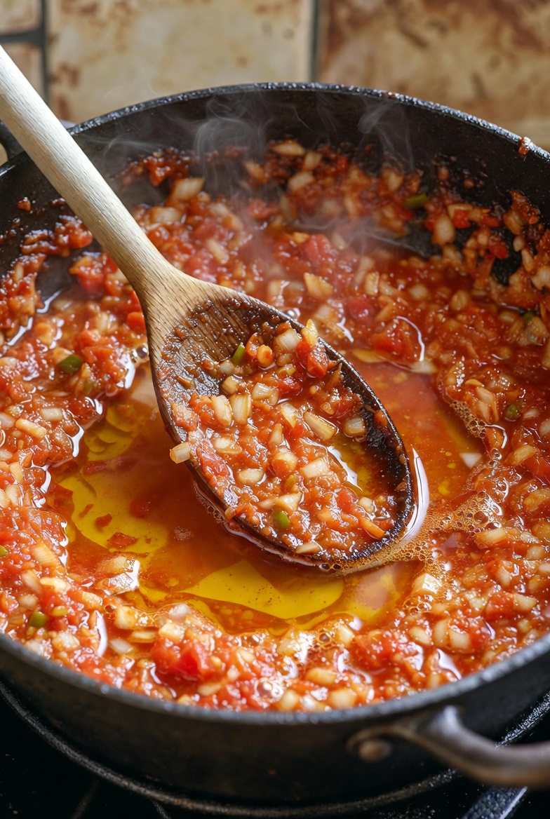 Sofrito base perfecto para cordero al chilindr&oacute;n, con pulpa de pimientos choriceros, cebolla y tomate