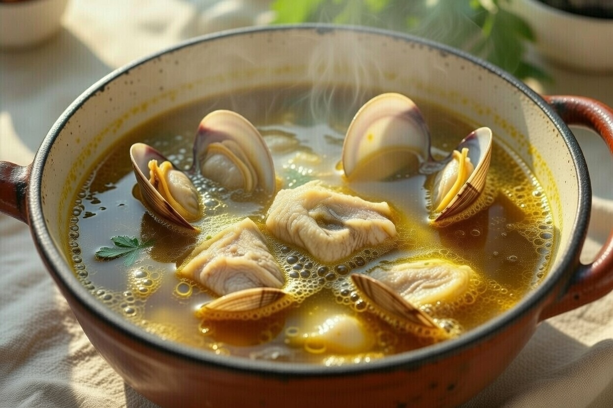 Almejas abri&eacute;ndose en la cazuela durante la cocci&oacute;n final de la sopa a la marinera.