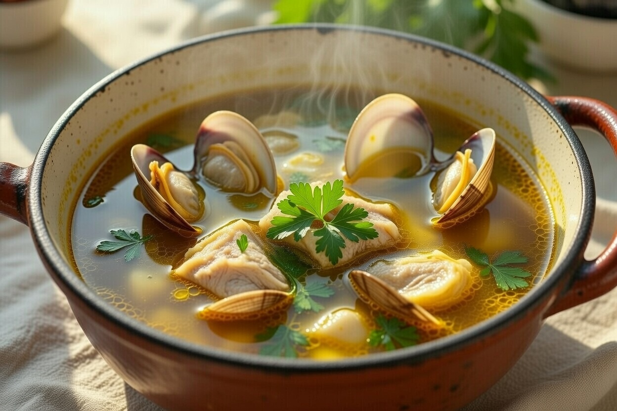 Sopa de almejas a la marinera tradicional en cazuela, con caldo dorado y almejas abiertas.