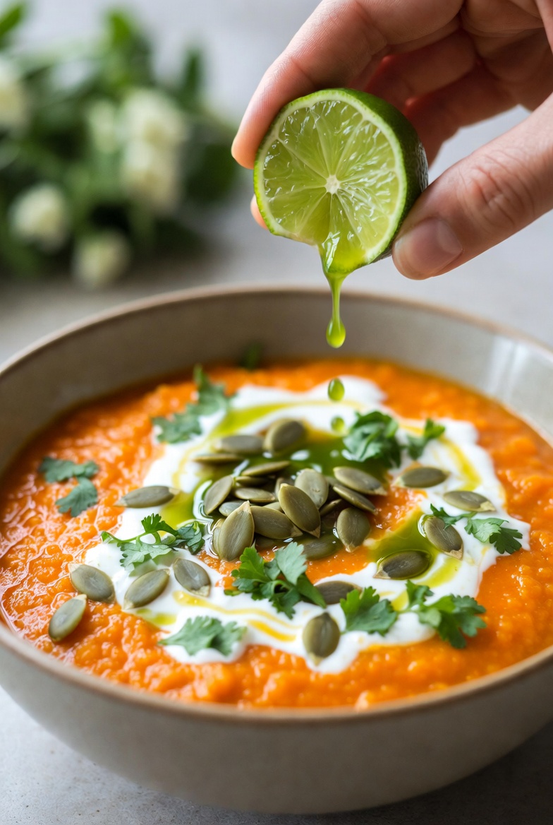 Cuenco de sopa de boniato asado decorado con pipas, cilantro y lima