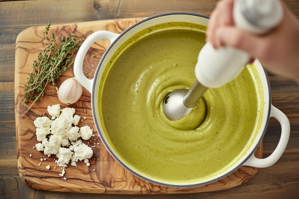 Batiendo la sopa de calabac&iacute;n con queso de cabra fresco &ndash; etapa clave para la textura sedosa