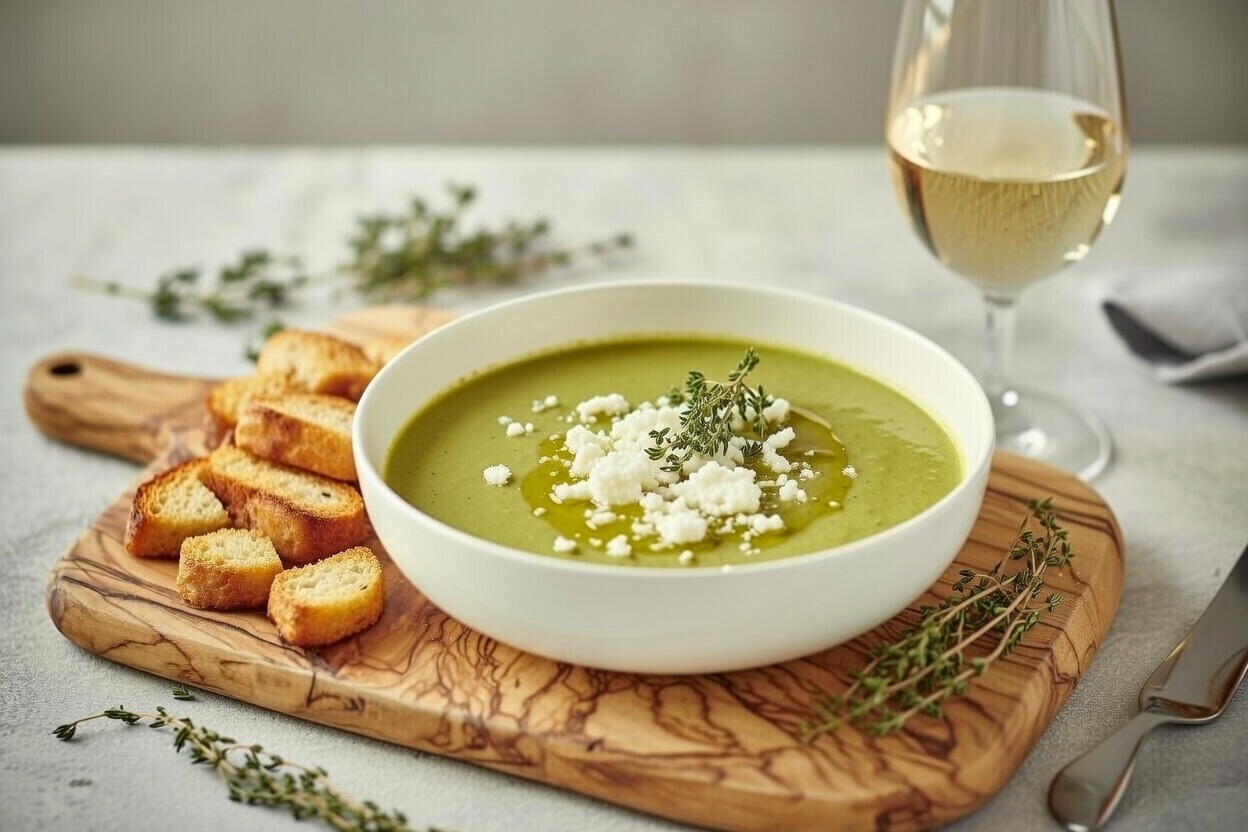 Sopa de calabac&iacute;n con queso de cabra presentada elegantemente con picatostes y copa de vino blanco