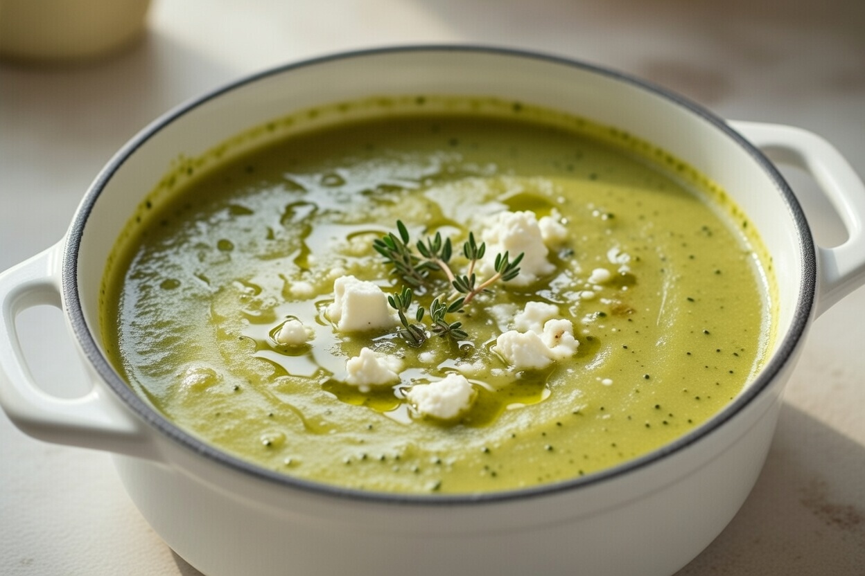 Crema sedosa de sopa de calabac&iacute;n con queso de cabra en cazuela &ndash; efecto visual verde intenso y cremoso