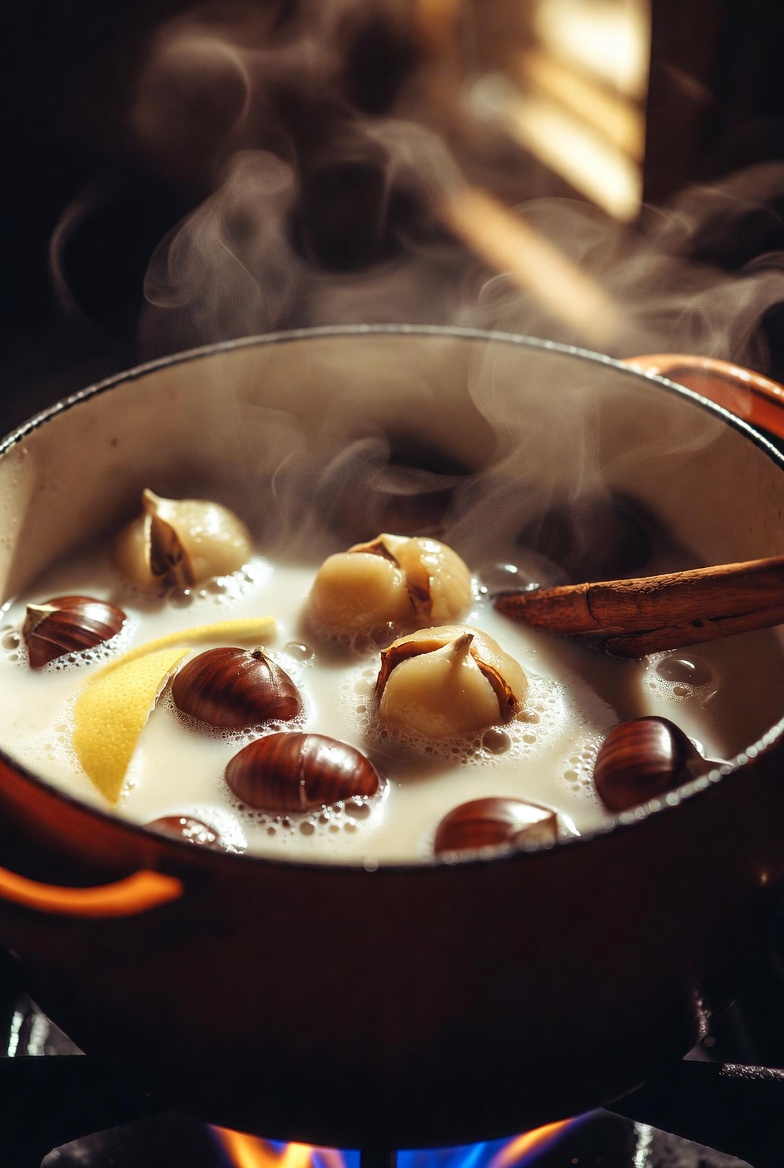 Casta&ntilde;as cociendo a fuego lento en leche con canela y lim&oacute;n para hacer la sopa tradicional