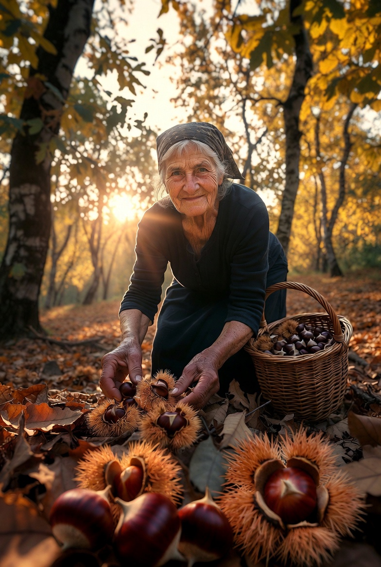 Mujer recogiendo casta&ntilde;as en un bosque oto&ntilde;al, tradici&oacute;n del norte de Espa&ntilde;a.