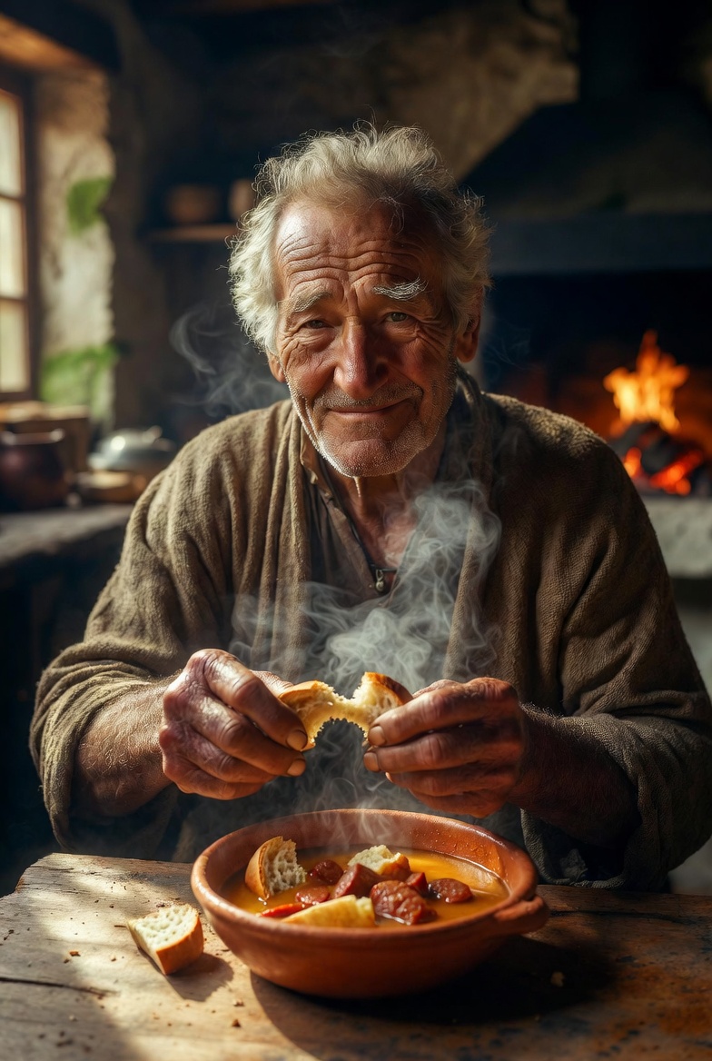 Hombre mayor, un pastor, prepara sopa de ajo con chorizo tradicional en una cocina r&uacute;stica castellana