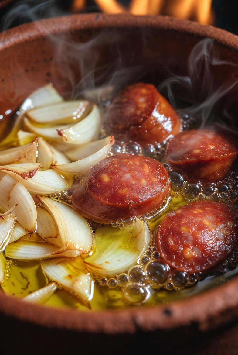 Sofrito de ajo y chorizo dor&aacute;ndose en una cazuela de barro, base de la sopa de ajo.