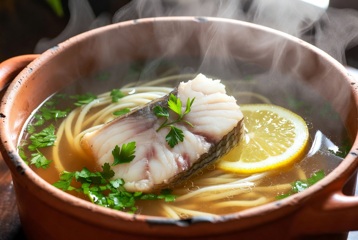 Sopa de fideos con pescado tradicional, servida humeante en cazuela de barro