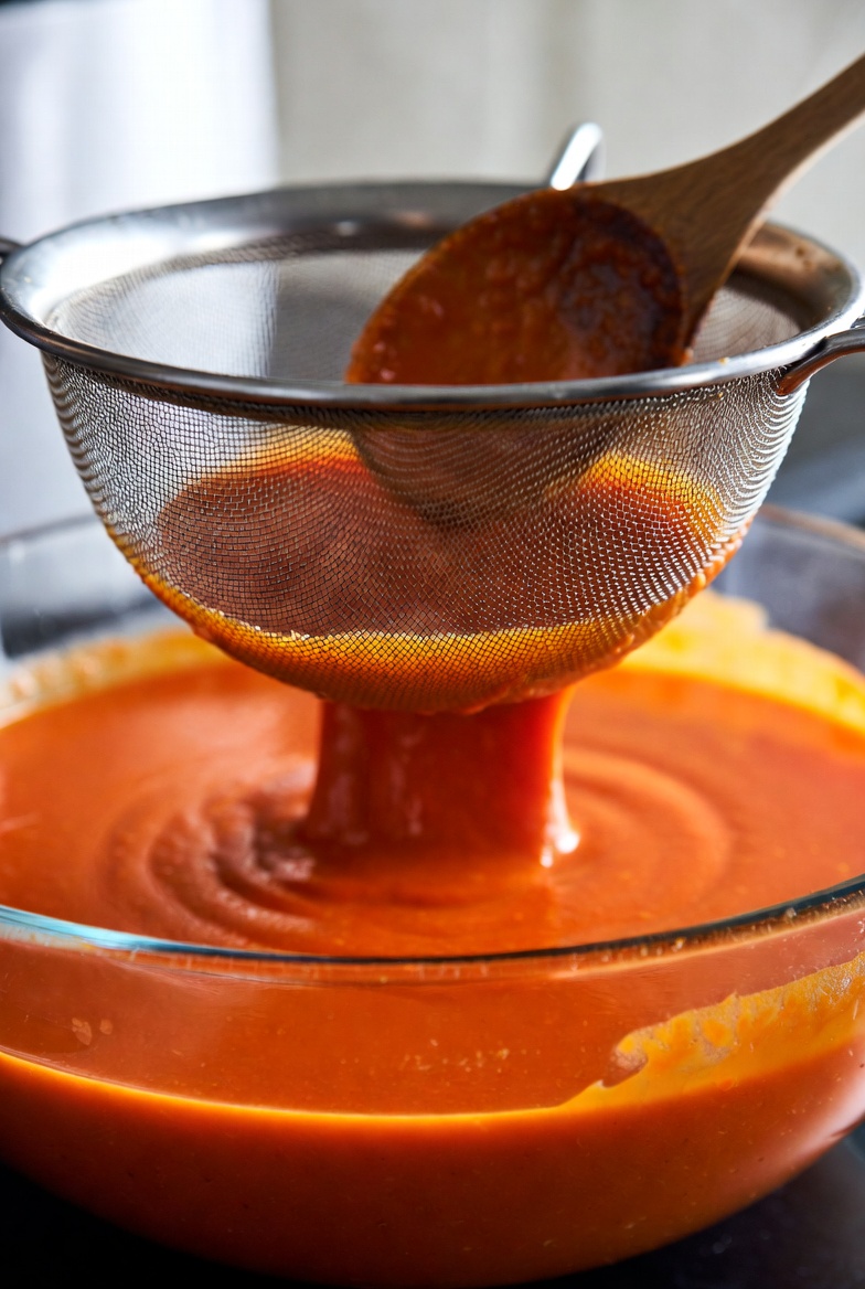 Colando la sopa de pimientos del piquillo para lograr una textura aterciopelada y fina
